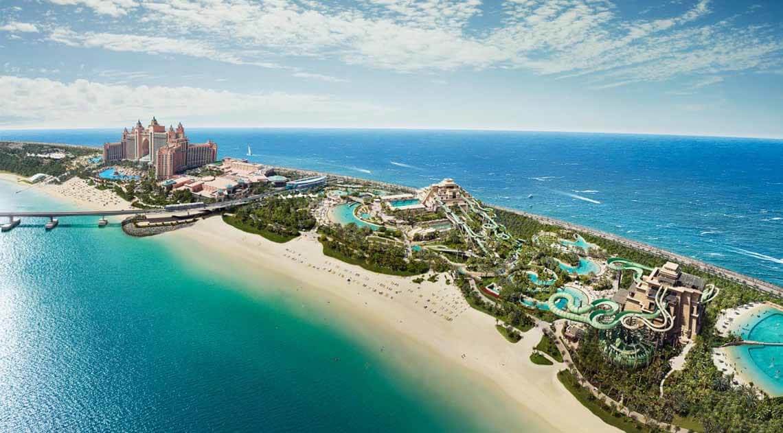 Atlantis The Palm and Aquaventure Waterpark aerial view on the Palm crescent