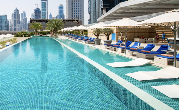 Sofitel Dubai Downtown lap pool with city skyline