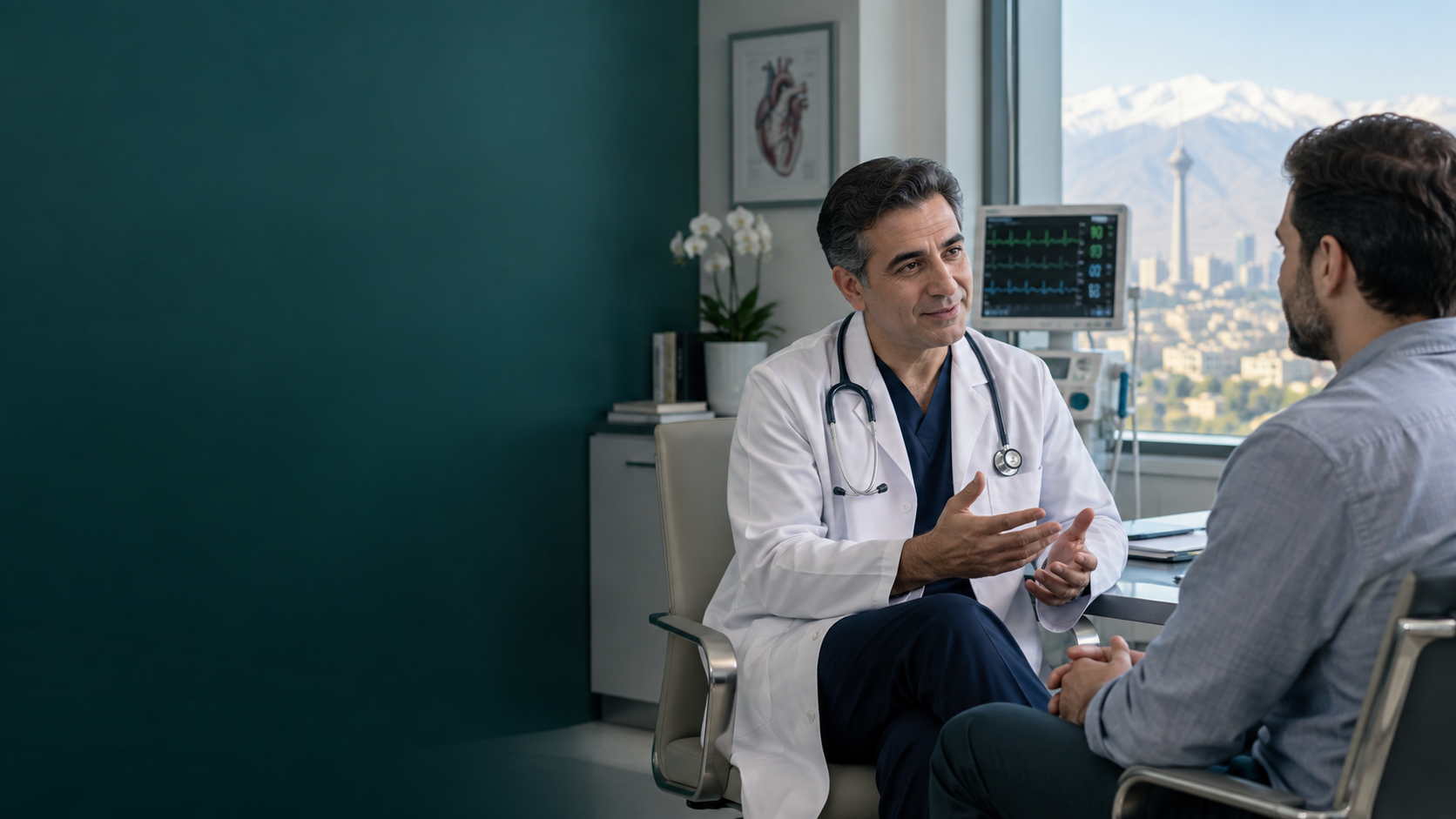 Illustration of an international patient discussing a heart treatment plan with a specialist