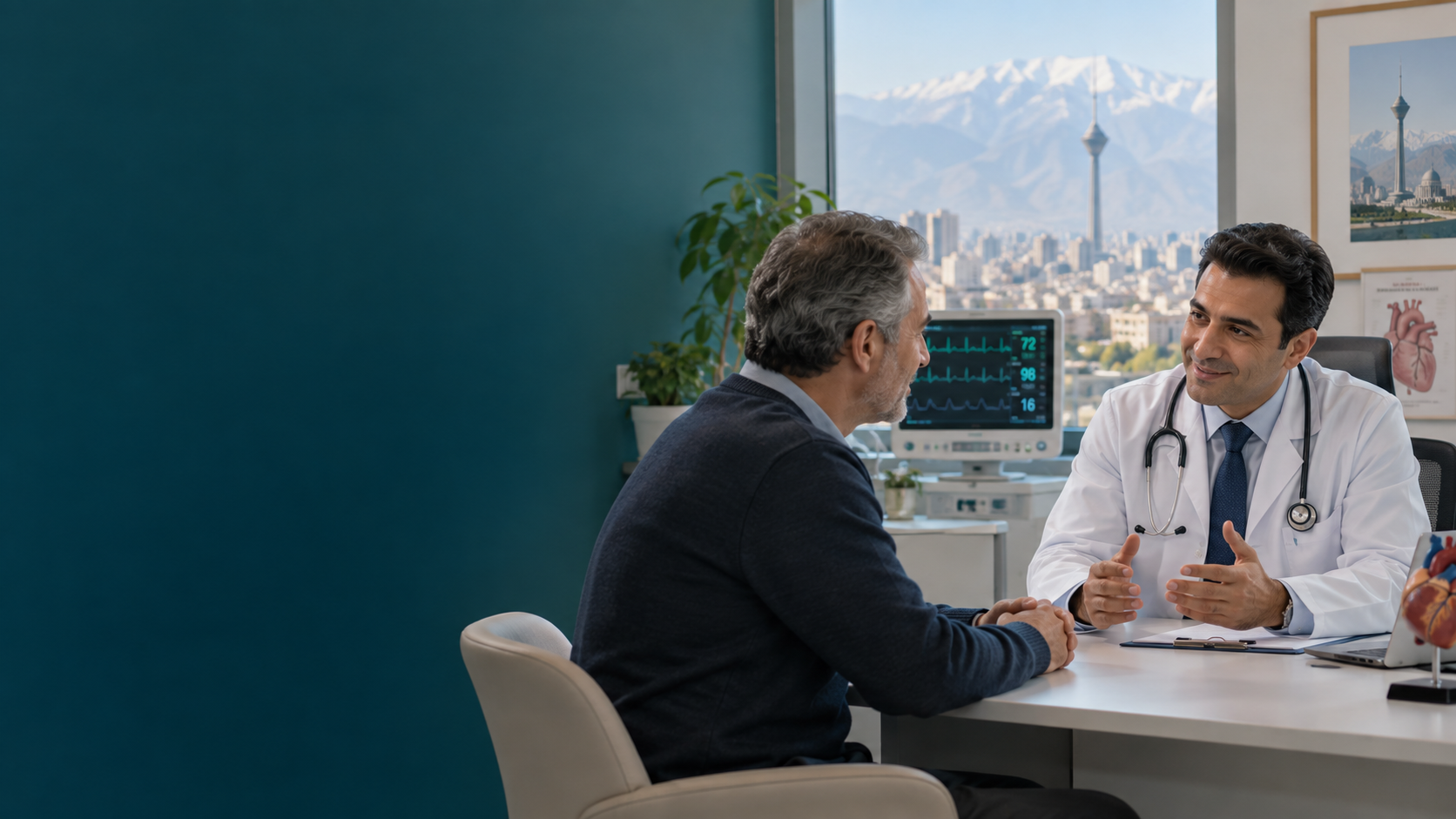 Cardiologist discussing a heart care plan with an international patient in Tehran