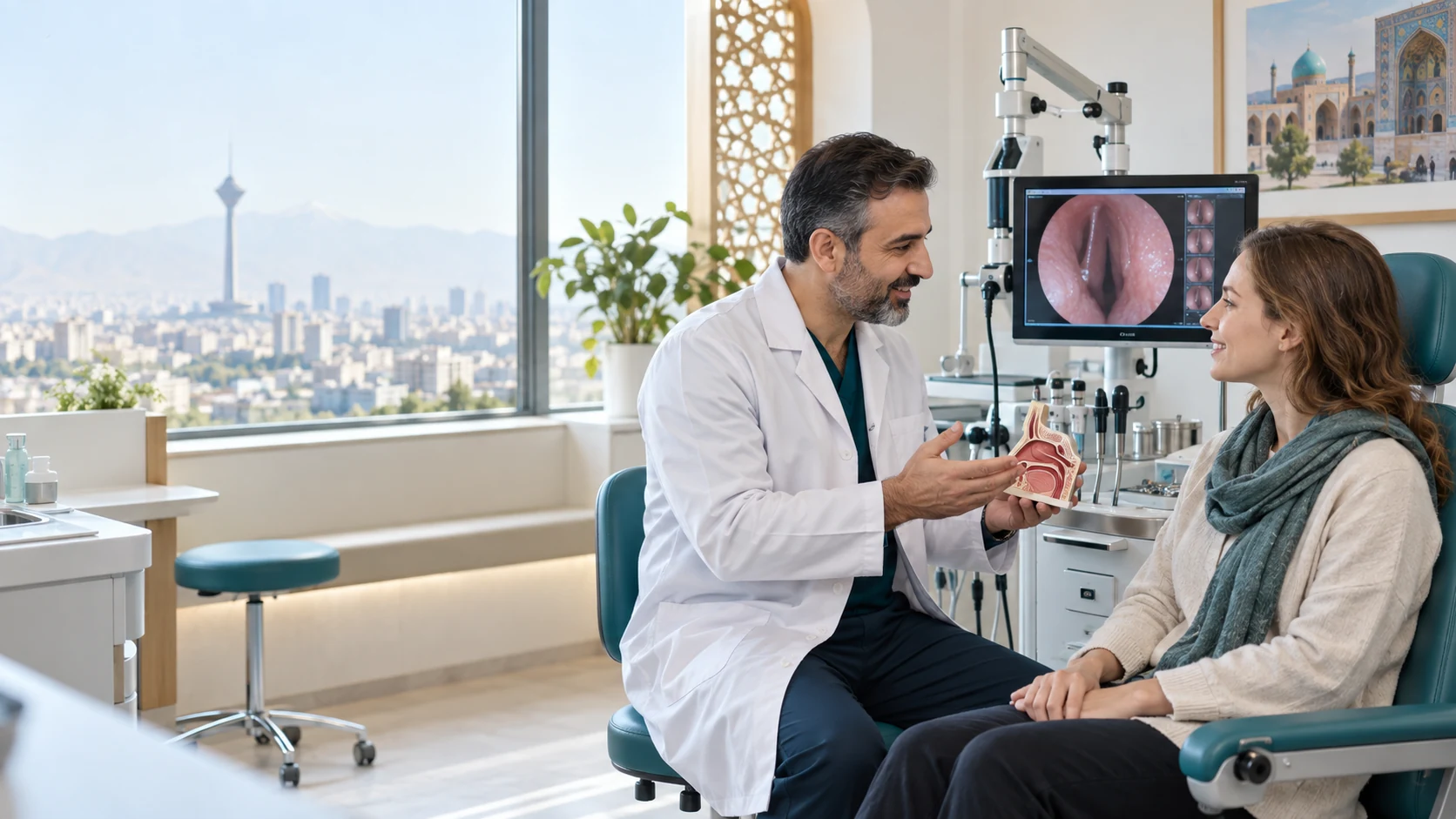 Illustration of an ear nose and throat consultation in an Iranian hospital