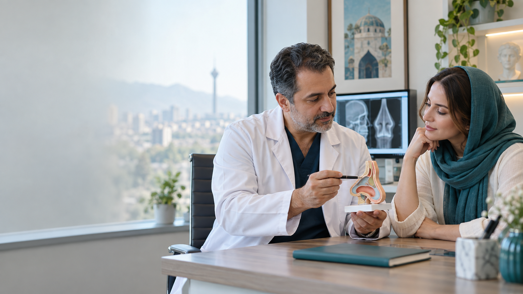 Patient discussing a nose surgery plan during a consultation in Tehran