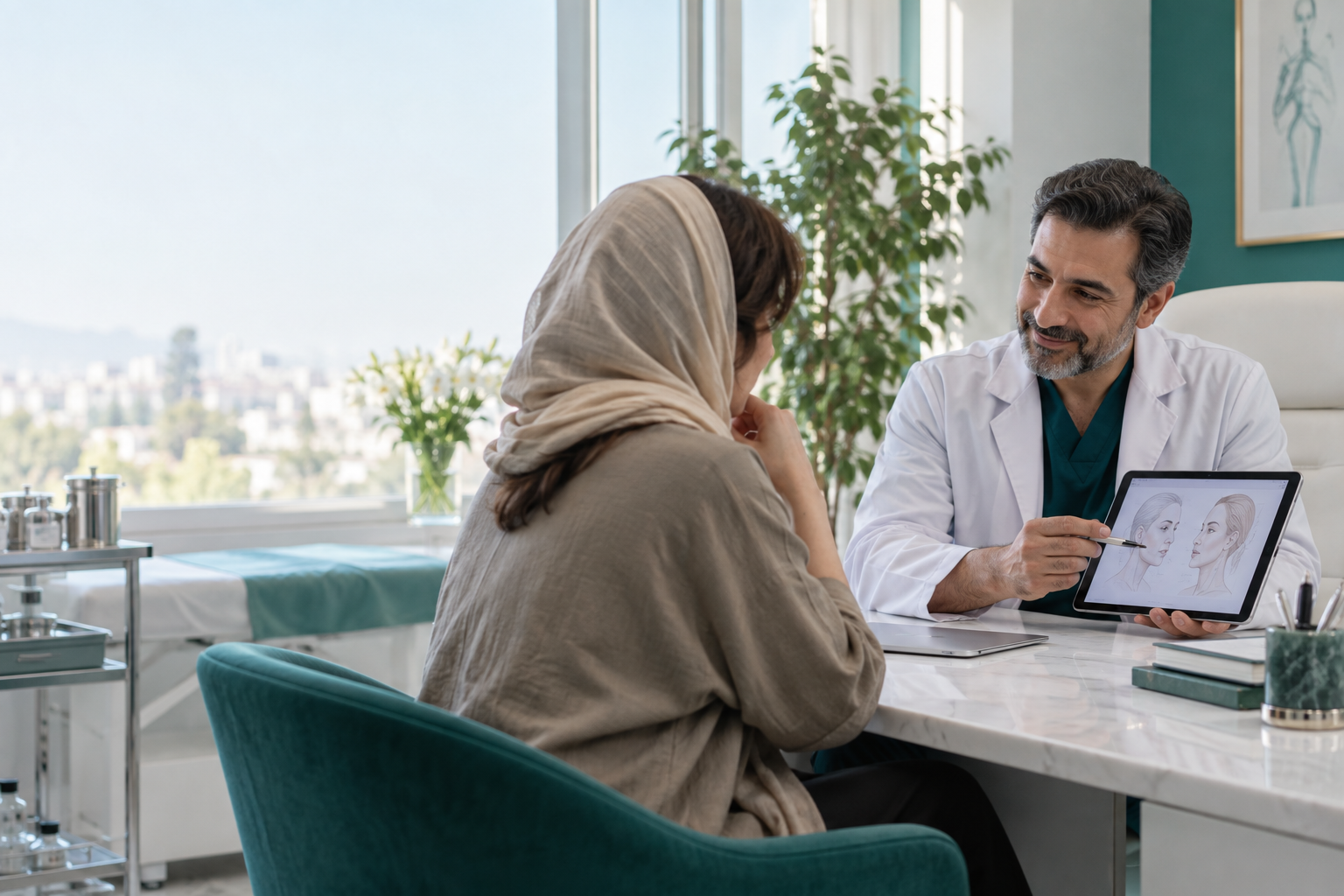 Patient and clinician discussing a surgical treatment plan in a consultation room