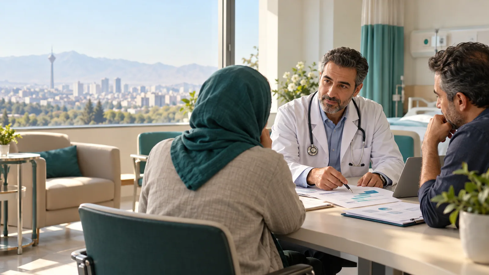 Patient and companion discussing an oncology treatment plan with a doctor in Tehran