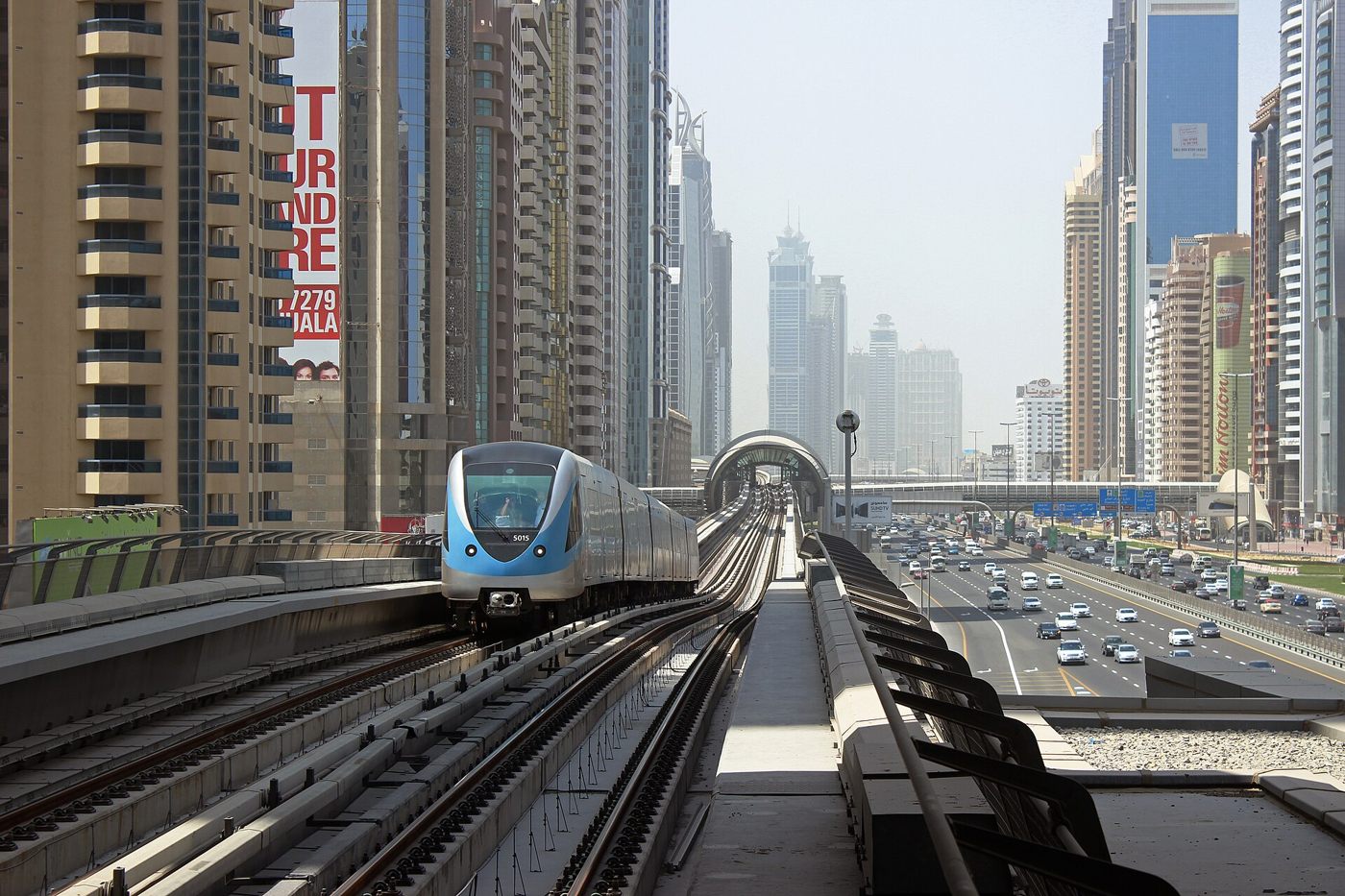Dubai Metro train travelling on the elevated Red Line
