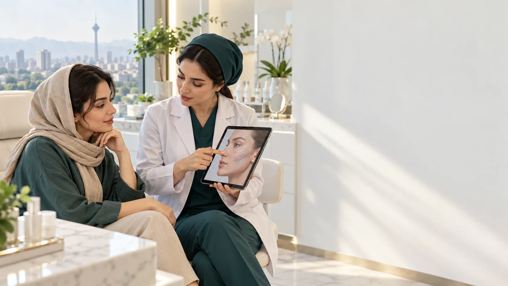 Illustrative consultation scene showing a physician and patient discussing facial treatment