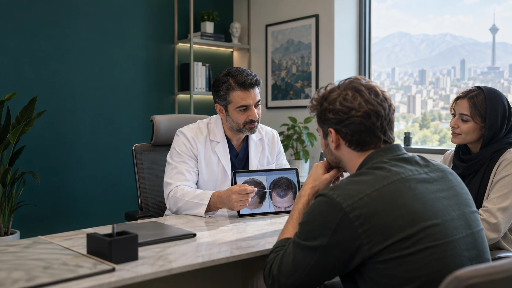 Illustrative consultation about a hair restoration plan for an international patient