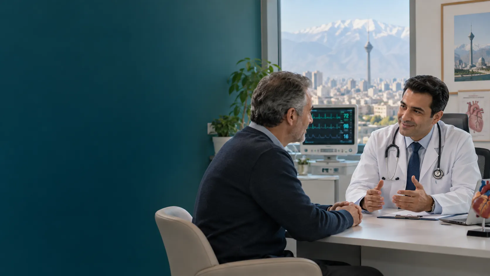 Illustrative cardiac consultation with a doctor and patient in Tehran