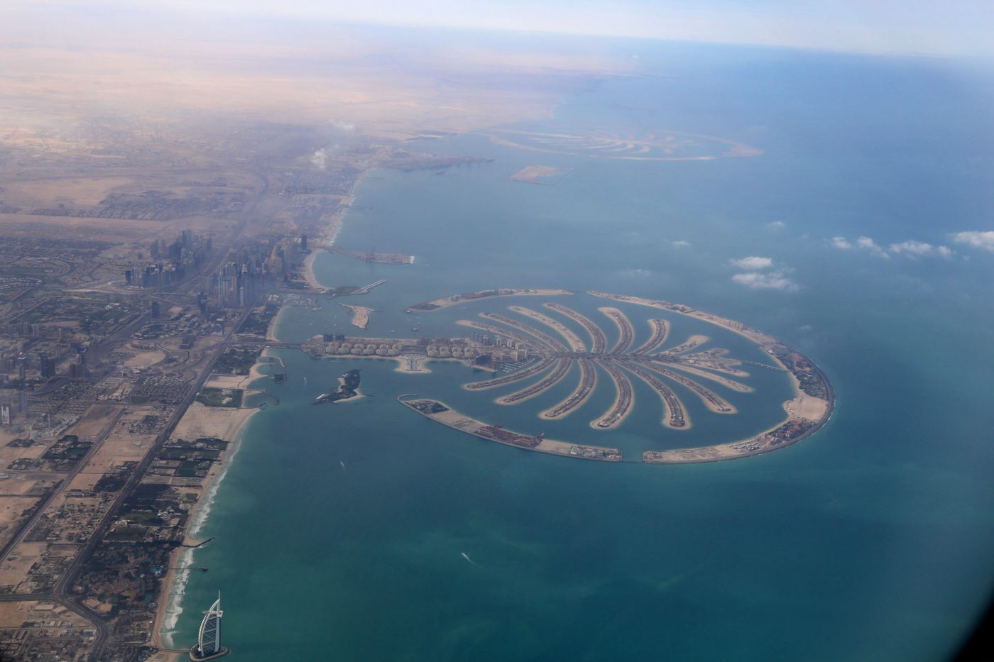 Aerial view of Palm Jumeirah and its fronds in Dubai