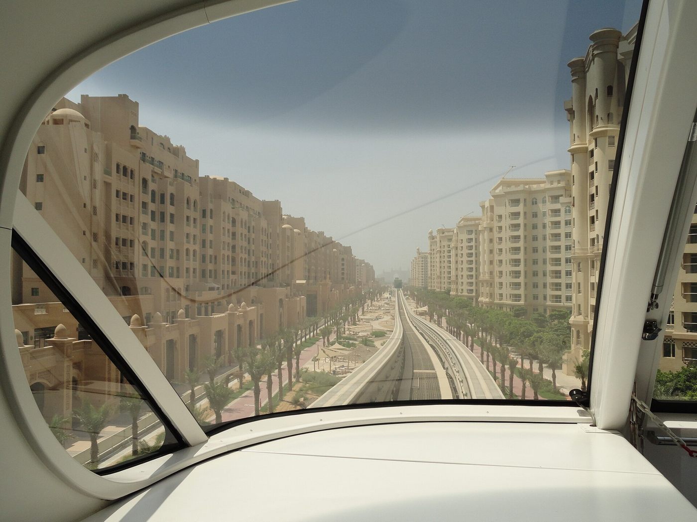 View along Palm Jumeirah from inside the monorail