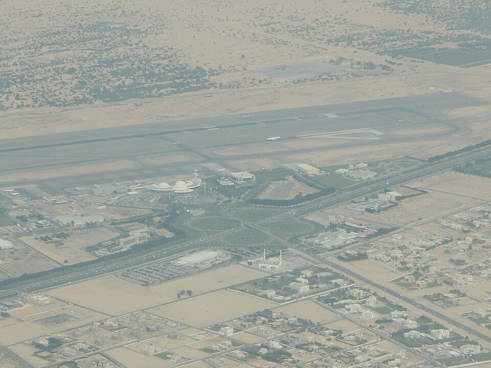 Aerial view of Sharjah International Airport and its passenger terminal